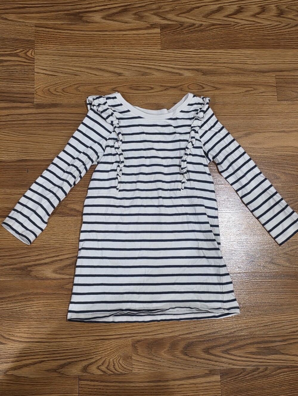 Tea Collection Navy Blue &  White Cotton Long Sleeve Ruffle A-line Dress Girls 5
